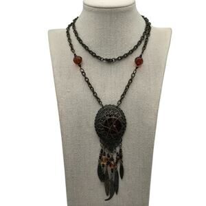 Boho Steampunk Statement Necklace with Filigree Pendant & Amber Glass